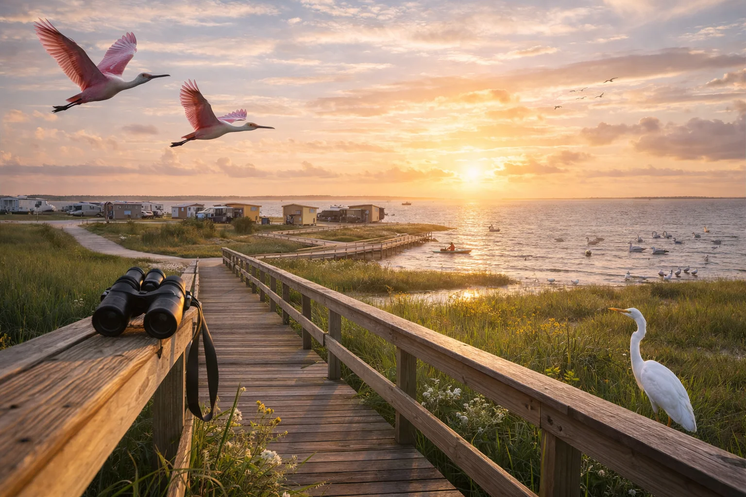 Goose Island State Park at sunrise — excellent bay-shore birding, fishing pier, and spring songbird migration on the Lamar Peninsula