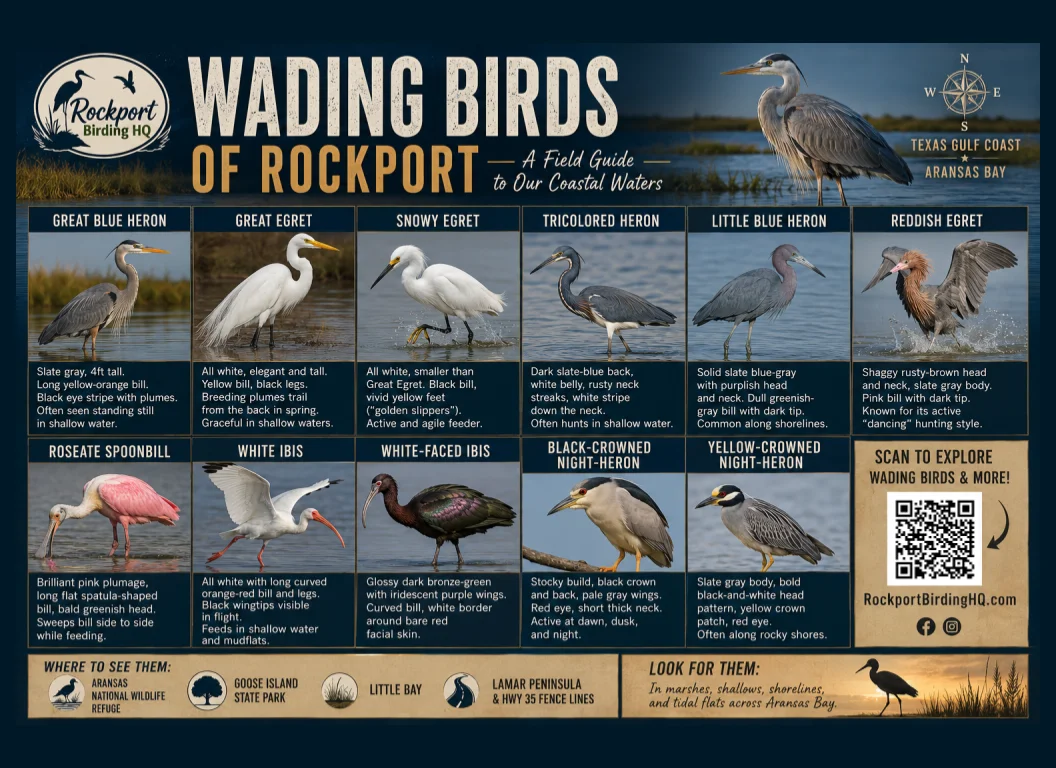Wading Birds of Rockport Texas field guide — illustrated identification poster