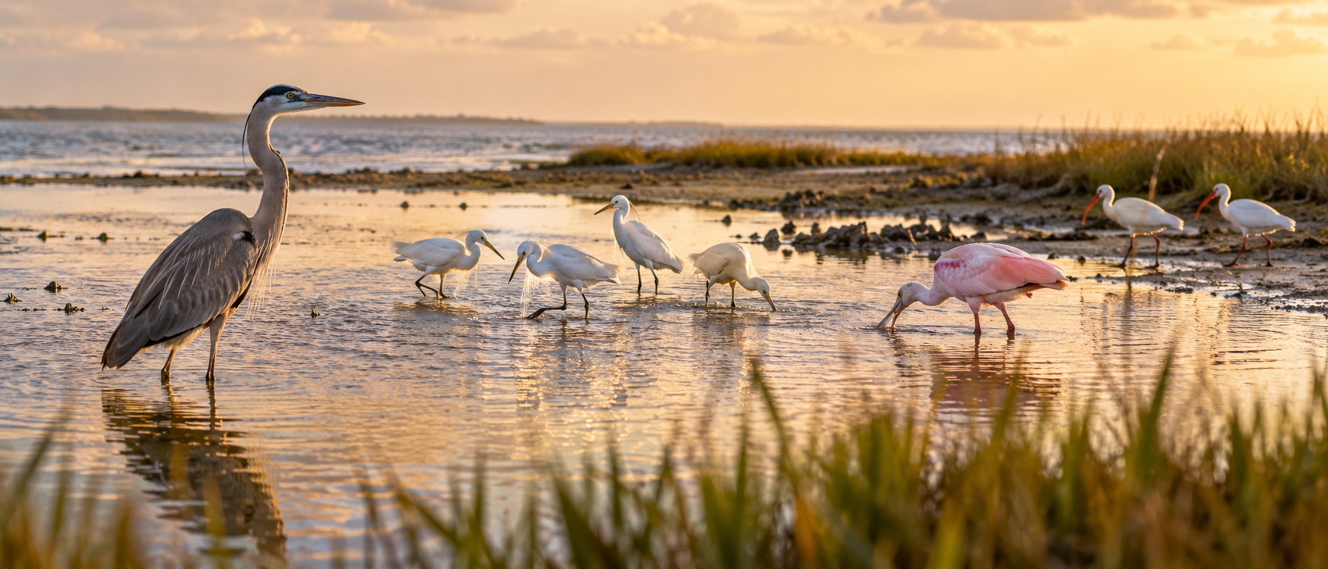 Wading birds in shallow bay Rockport Texas