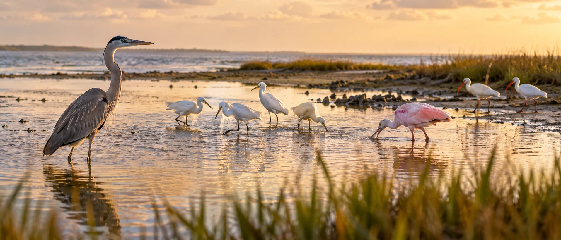 Wading birds in shallow bay Rockport Texas