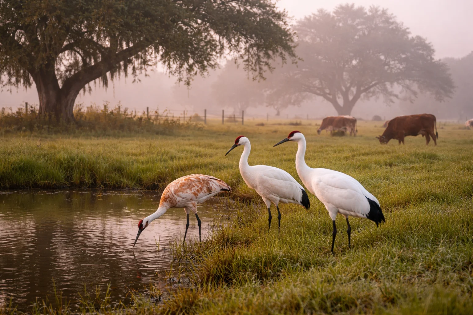 Whooping cranes including a juvenile at a Lamar Peninsula cow pond — classic roadside viewing on Beach Road